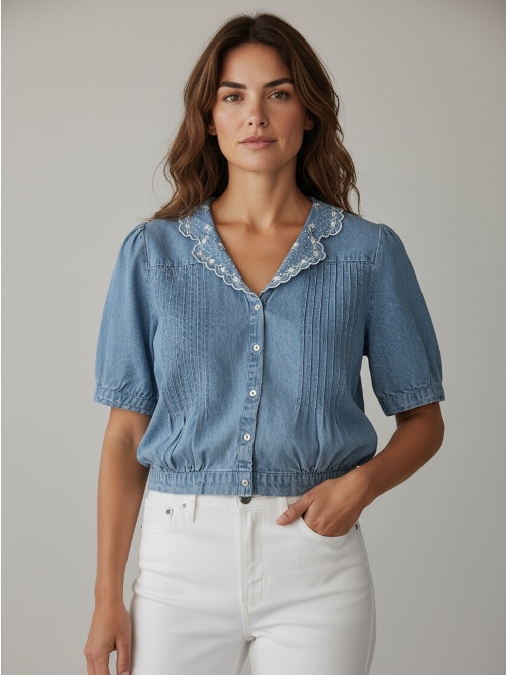 Emile et Ida Embroidered Chambray Blouse – S- Blue - MSRP $145